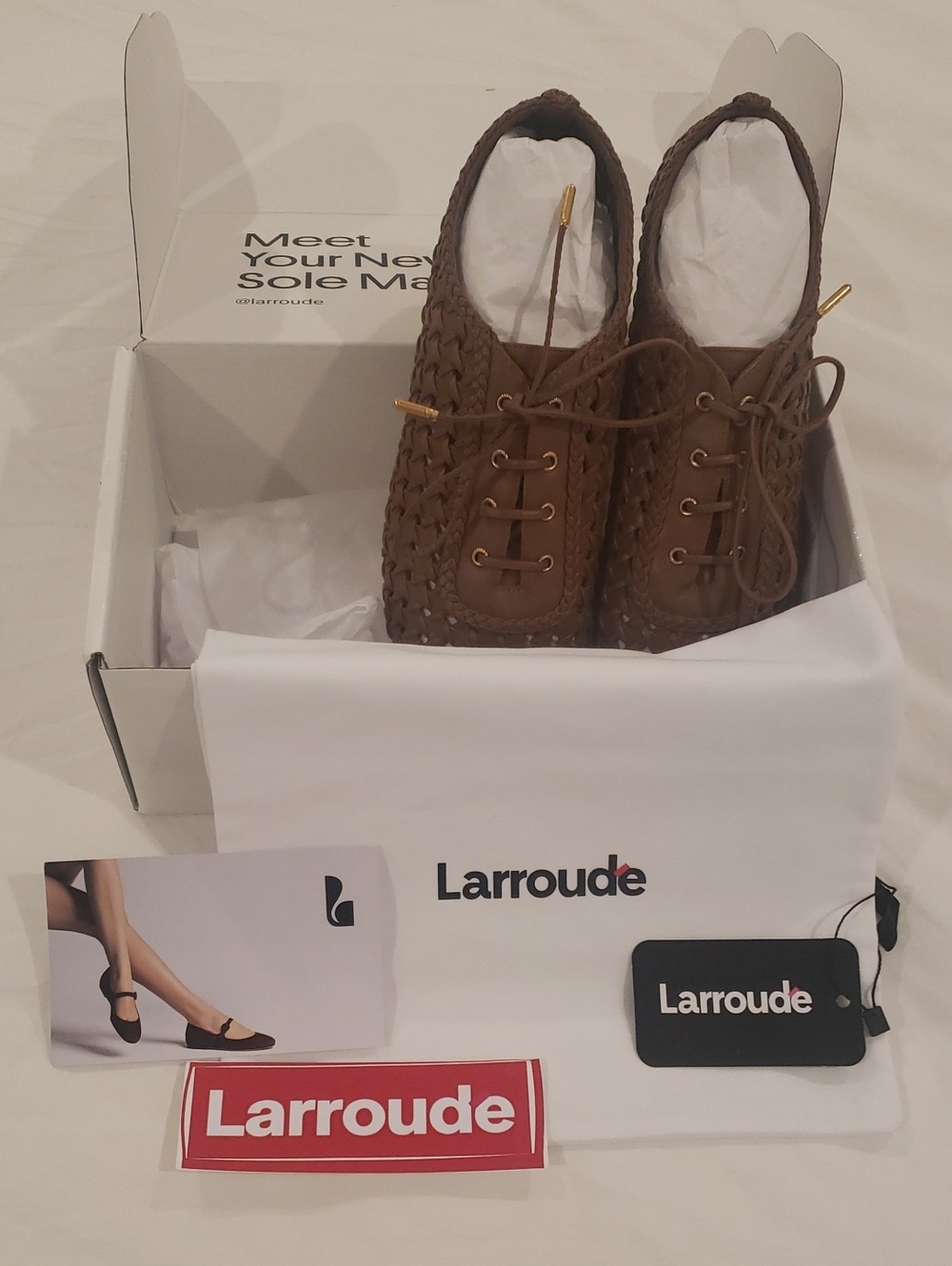Larroude Brown Woven Lace-Up Flats with Gold Eyelets